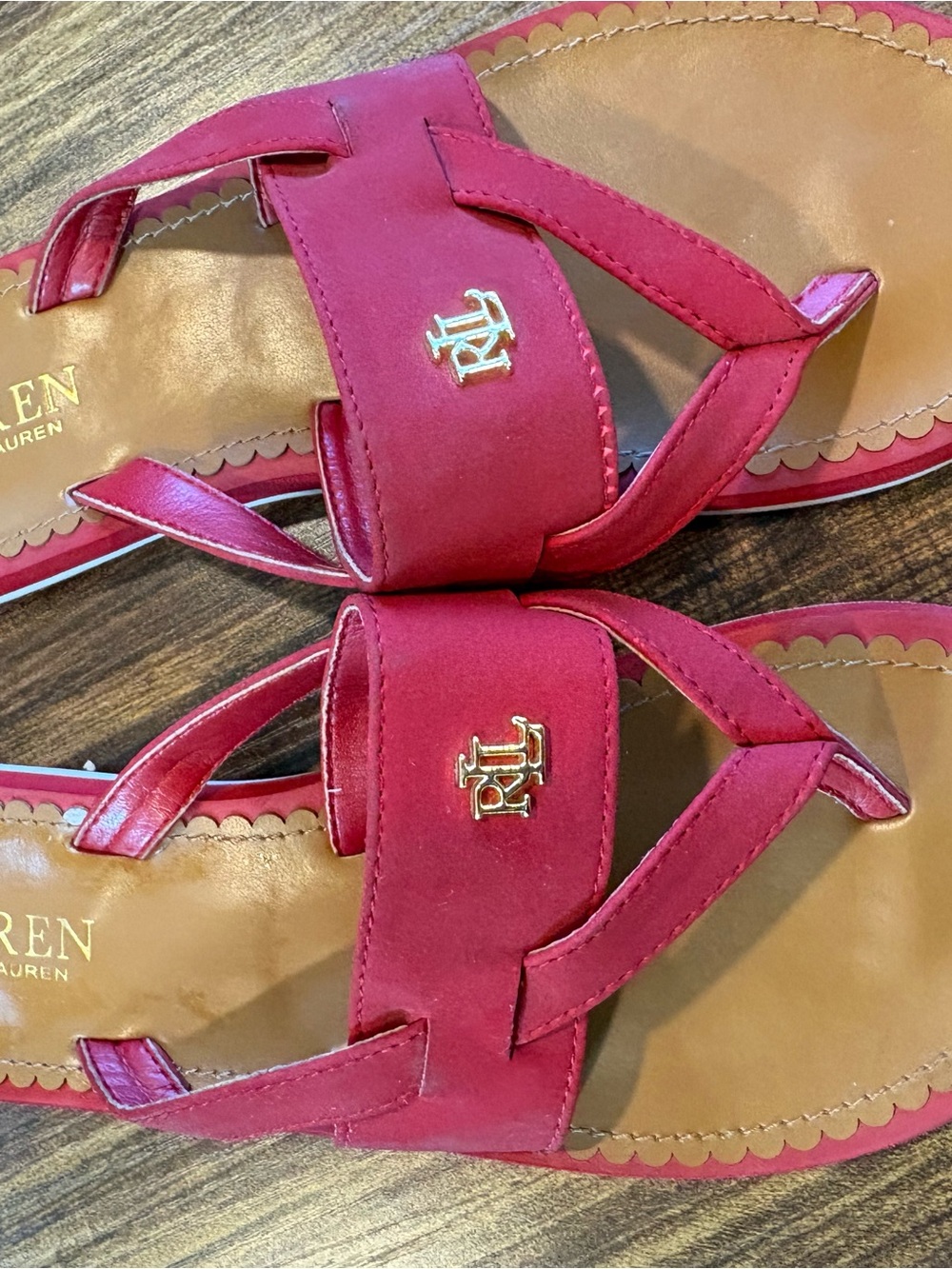 Ralph Lauren Magenta Leather Slide Sandals with Gold Logo
